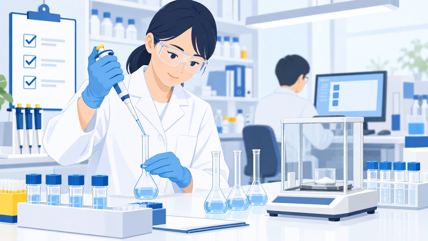 分析法や試料調製など一点一点の試験を正確に行う試験者のイメージ